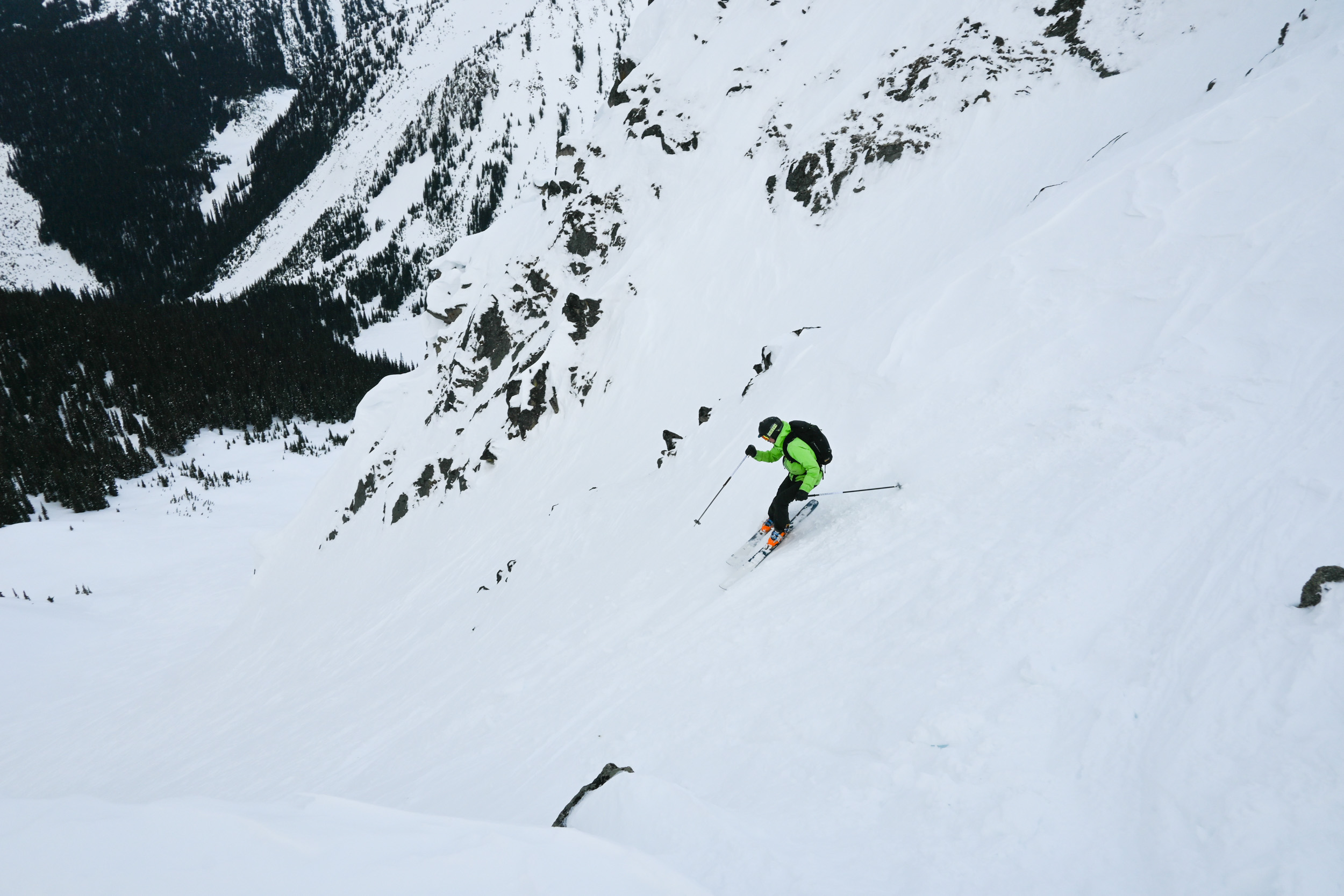 Skiing an alpine line during stable conditions in Steep Creek