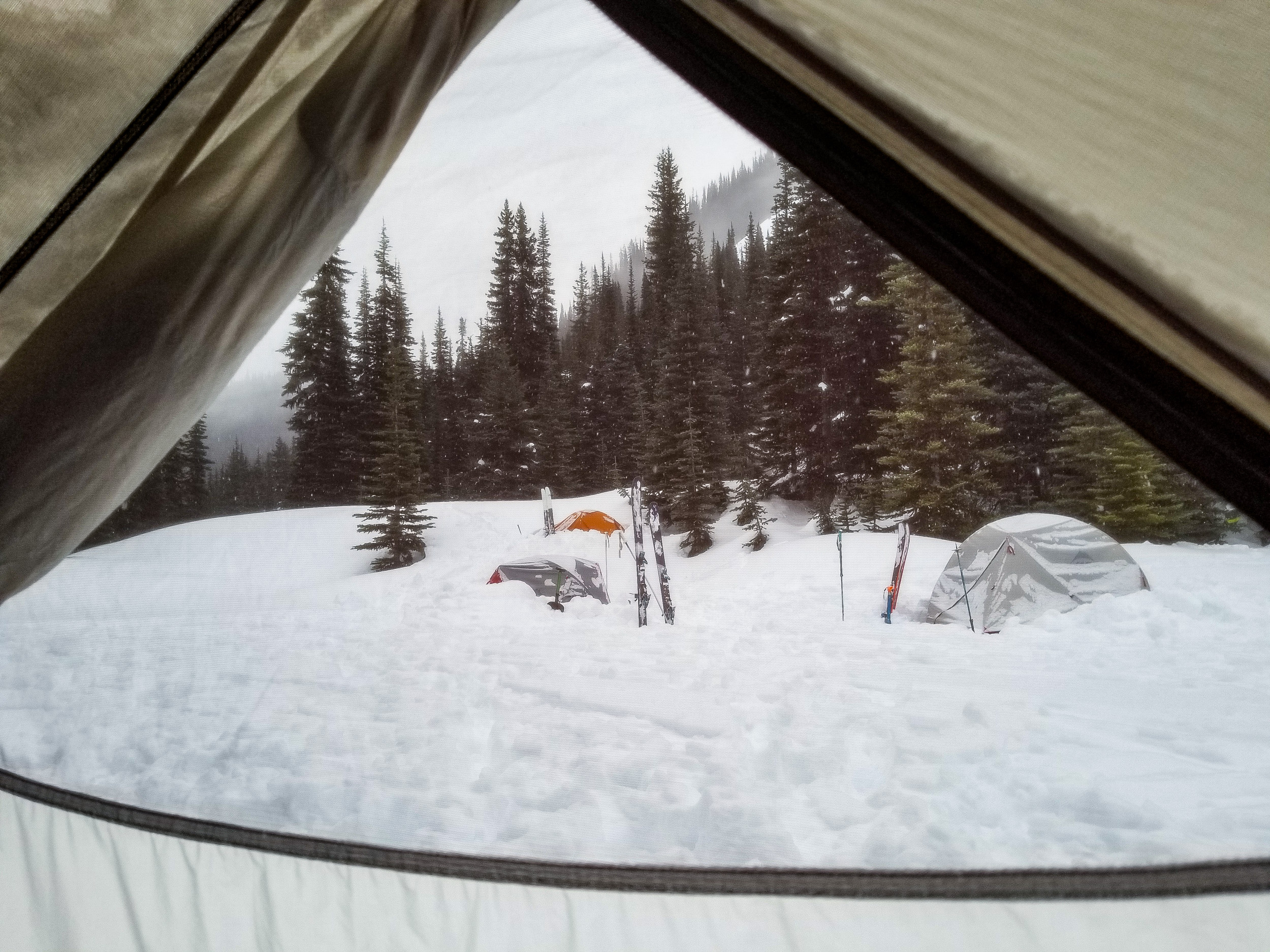 Heavy overnight snowfall seen from inside the tent on morning of day 3