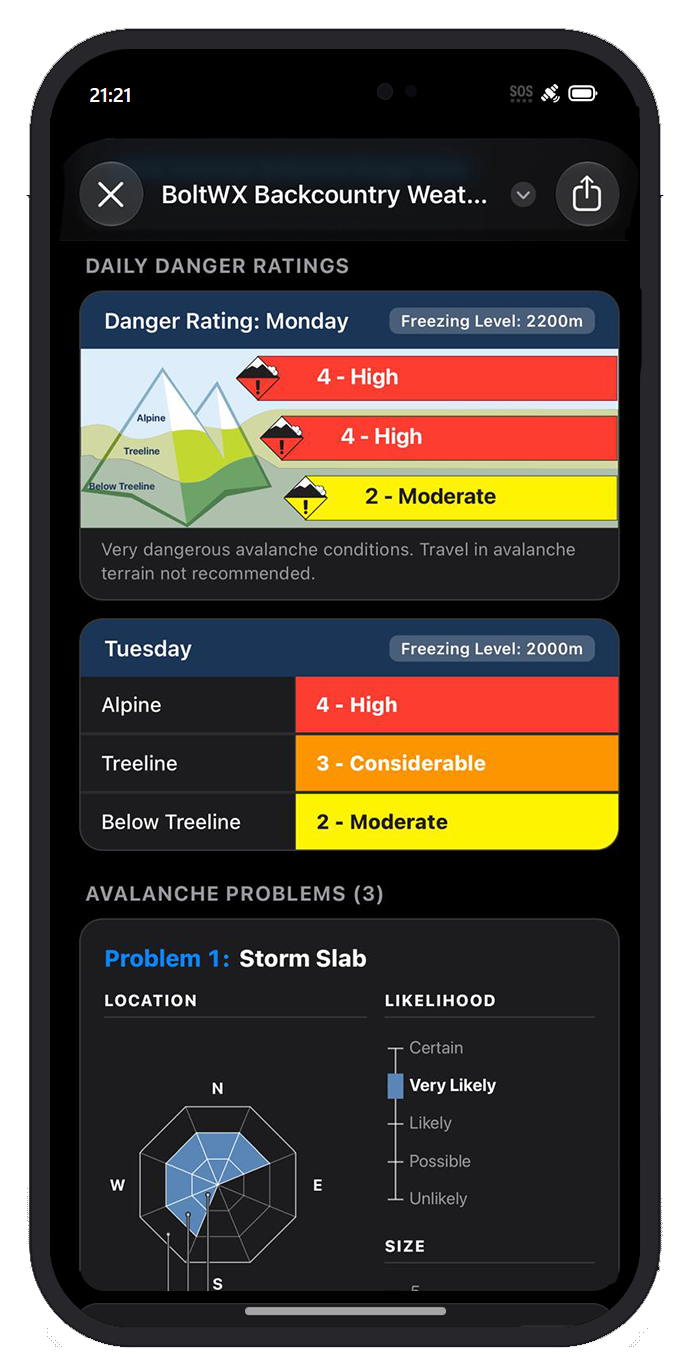 BoltWX iPhone Shortcut displaying an avalanche forecast